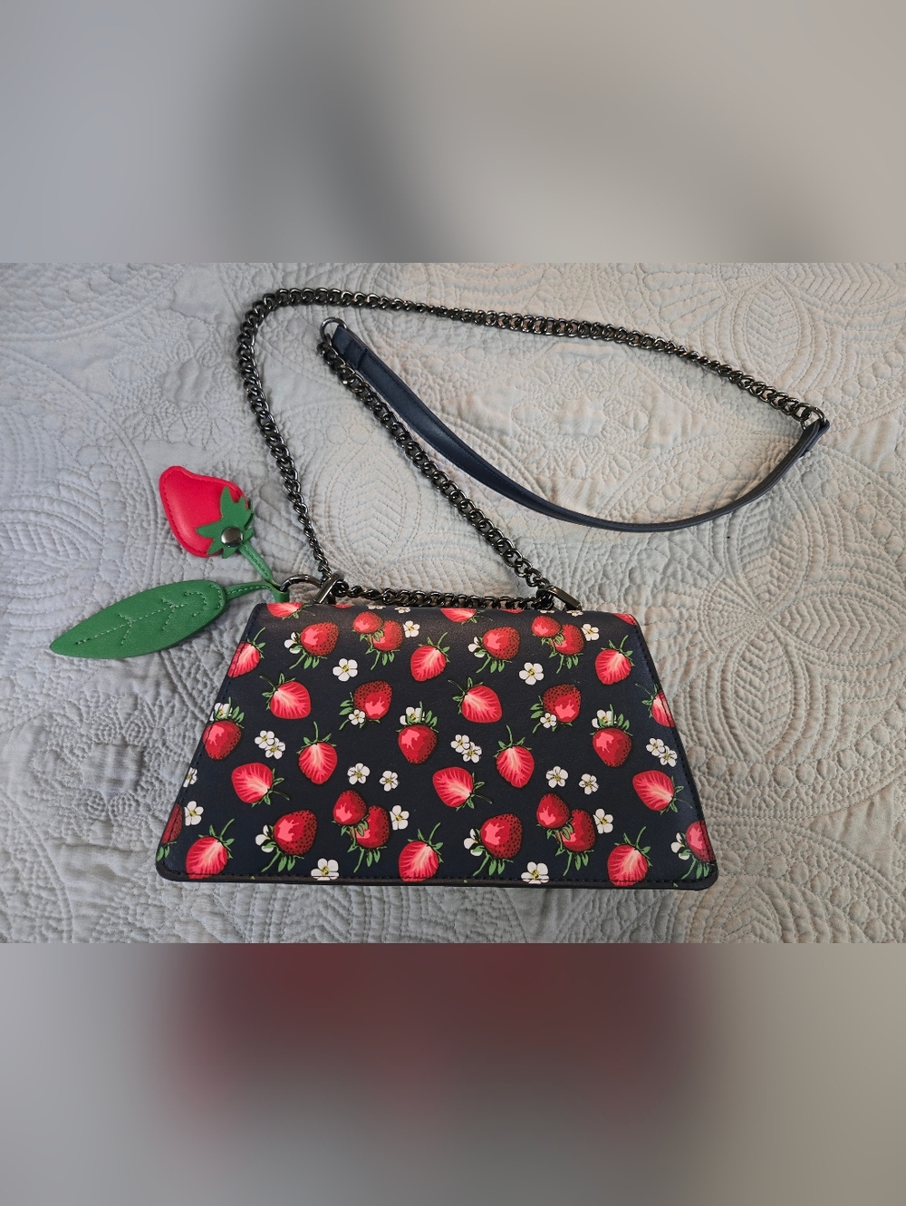 Steve Madden Black Crossbody Bag with Red Strawberry Print - Picture 2 of 5